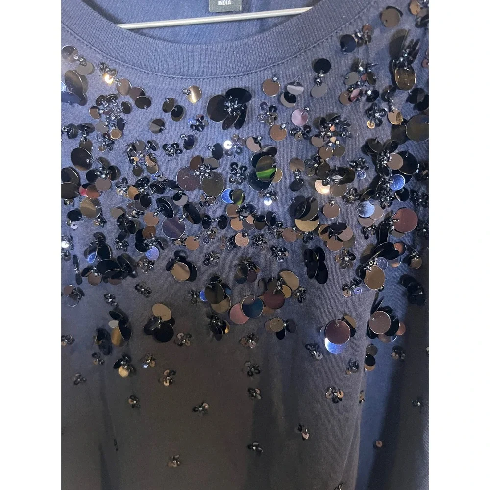 J.Crew Womens T-Shirt‎ Sequin Embellished Navy Blue XS